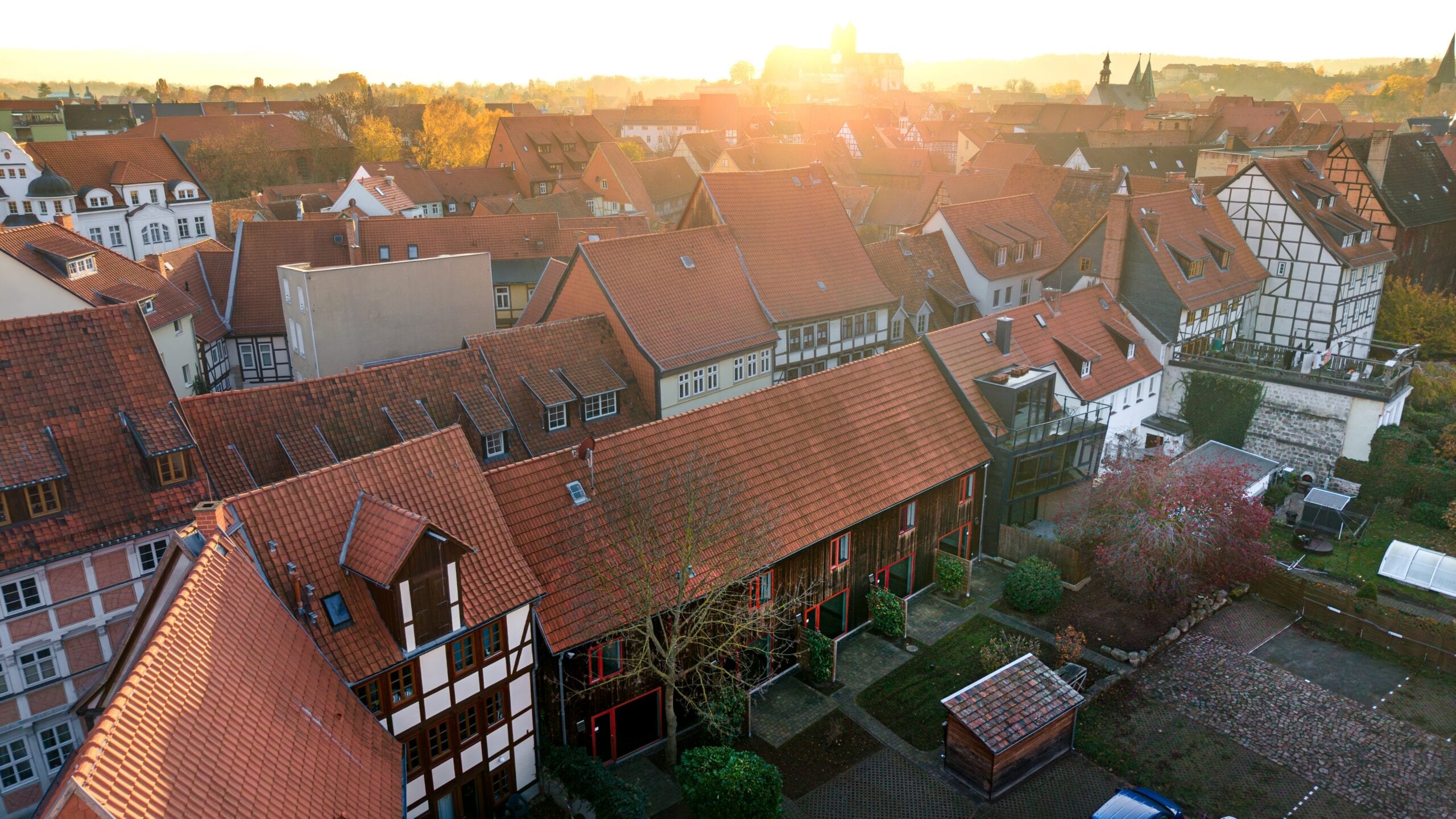 Holzhaus mit Garten und Büschen