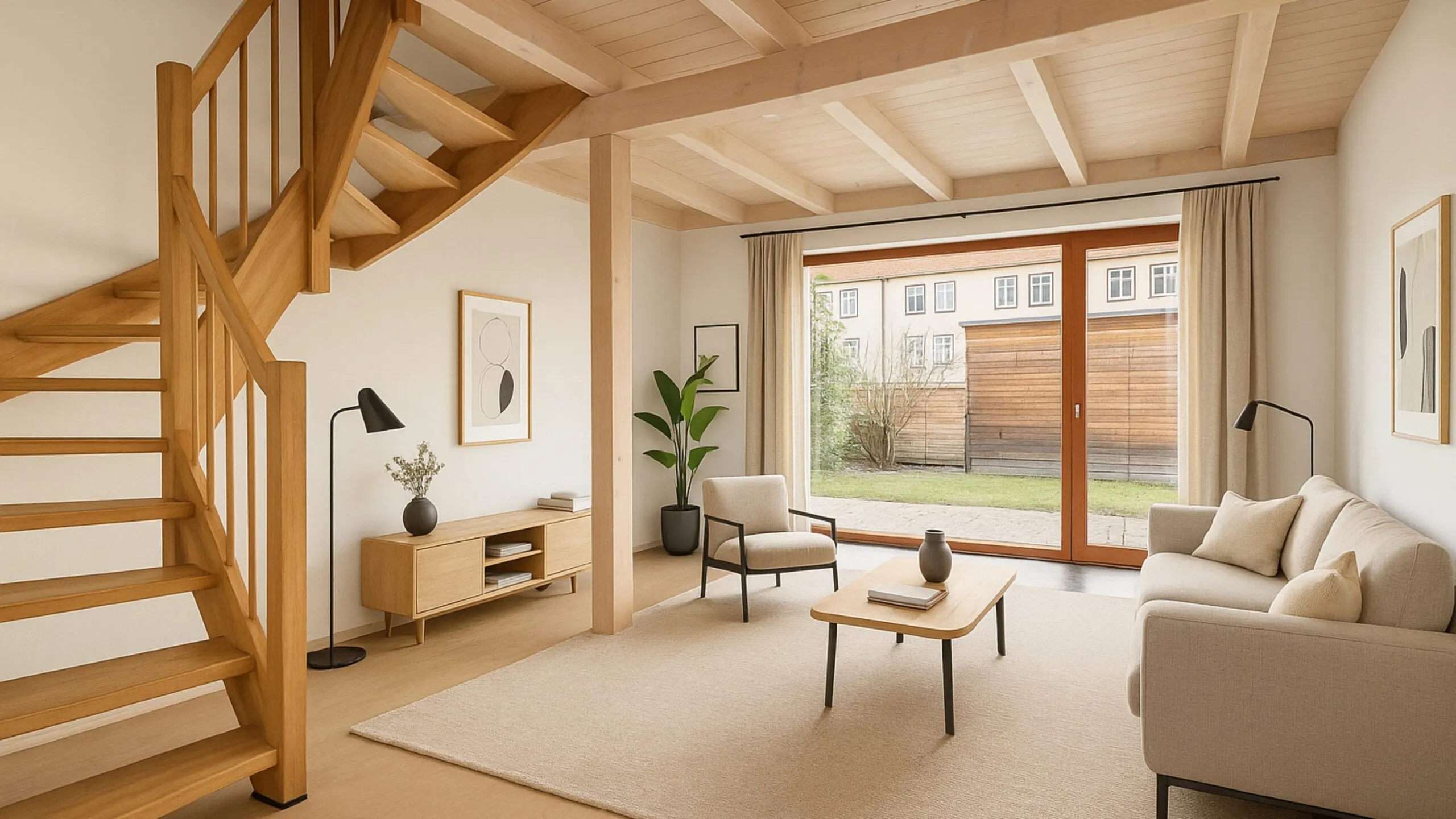 Holzhaus mit Garten und Büschen